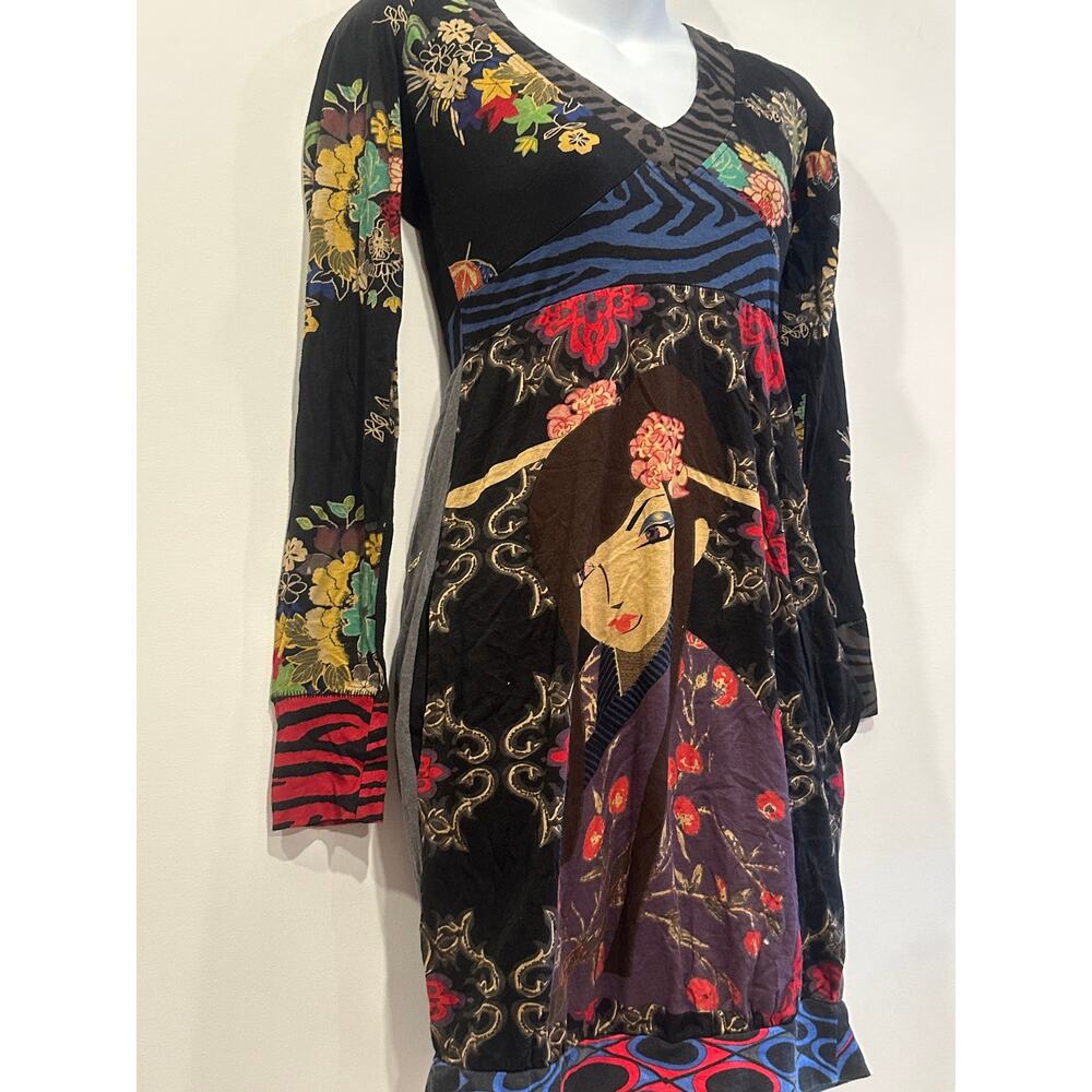 Desigual Vintage Y2K Geisha Pop Art Graphic Bubble Hem Long Sleeve Dress S - Picture 2 of 9